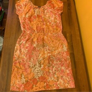Talbots Dress Large Orange Peach Floral Short Sleeve Dress Elastic Waist Pockets